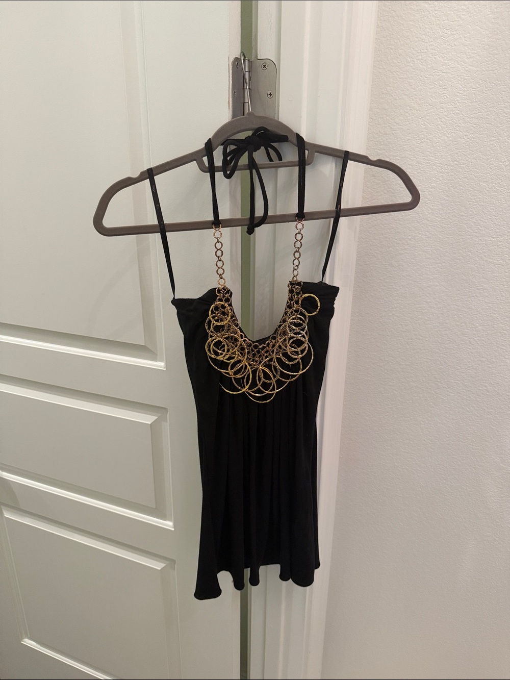 Sky Black Halter Camisole with Gold Chain-Detail Y2K